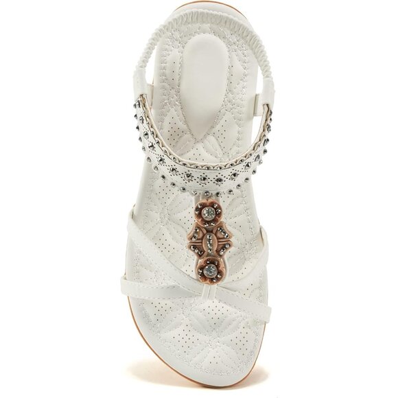 Womens White PU Leather Casual Beach Summer Jeweled Bohemian Flats Sandals - Picture 1 of 5
